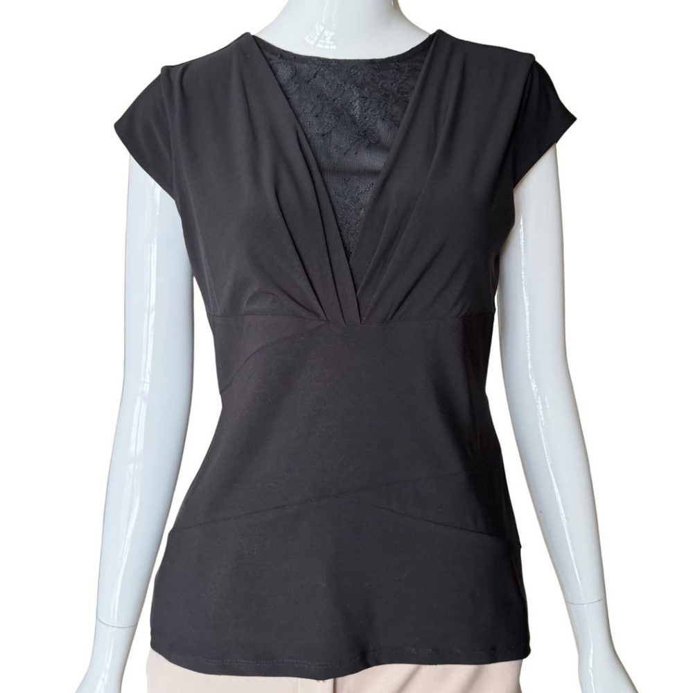 White House Black Market Black Cap Sleeve Top With Lace Inlay Size Medium NWT